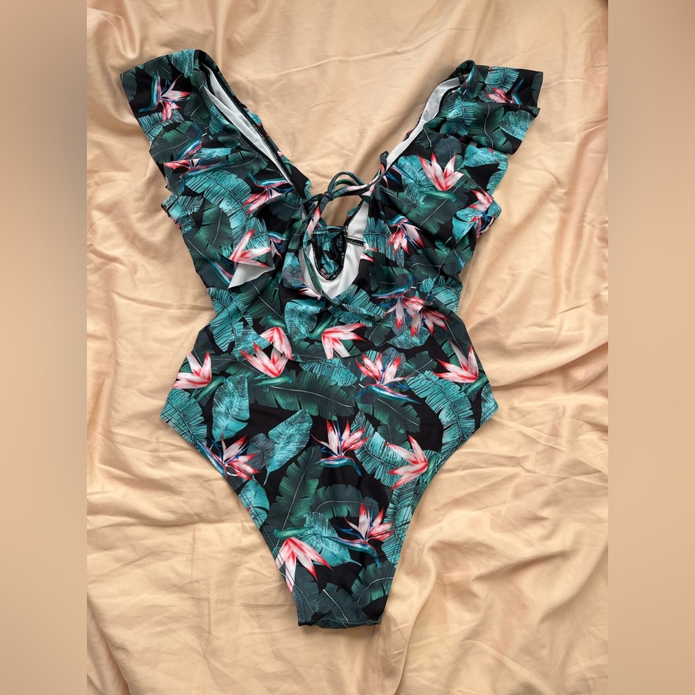 SPORLIKE Tropical V-Neck One piece Swimsuit - Picture 2 of 2